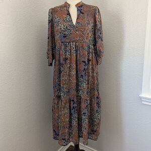 Umgee Floral Boho Tiered Midi Dress 3/4 Sleeve Small